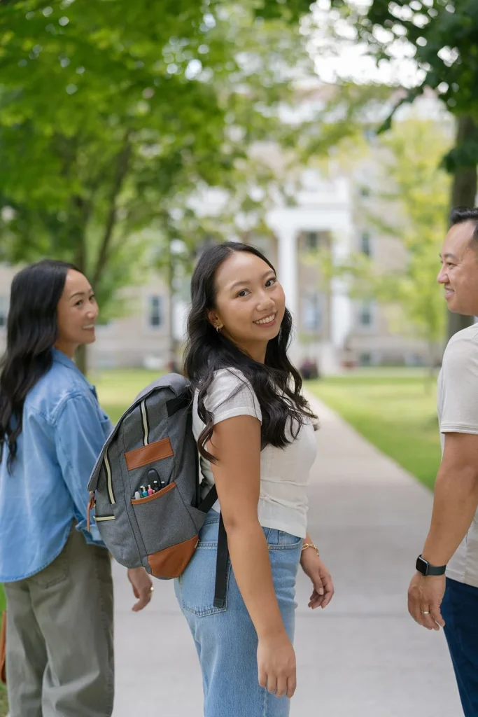 A student looks back during a campus walk with two adults.