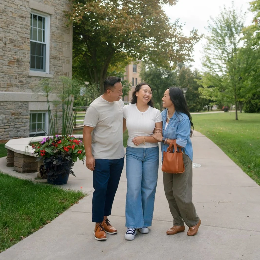 A student and two adults explore a campus together.